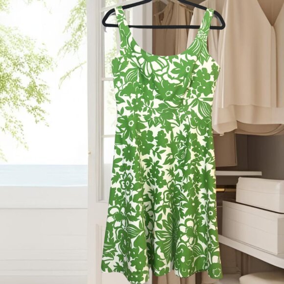 Donna Ricco Green White Floral A-Line Dress • 100% Cotton • 8P Petite - Picture 1 of 3